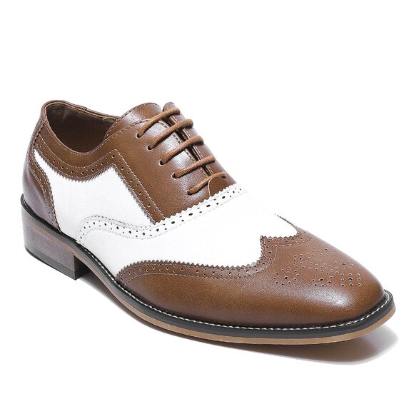 Tan Brown White 1920's Wingtip Lace up Oxford Dress Shoes - Picture 2 of 6